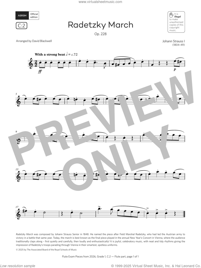 Radetzky March (Grade 1, list C2, from the ABRSM Flute Syllabus from 2026) sheet music for flute solo by Johann Strauss and David Blackwell, classical score, intermediate skill level