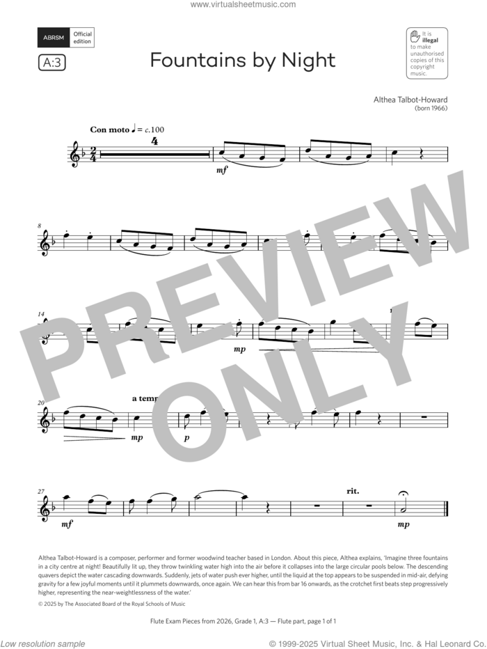 Fountains by Night (Grade 1, list A3, from the ABRSM Flute Syllabus from 2026) sheet music for flute solo by Althea Talbot-Howard, classical score, intermediate skill level