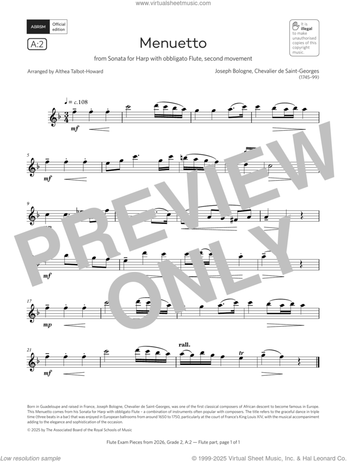 Menuetto (Grade 2, list A2, from the ABRSM Flute Syllabus from 2026) sheet music for flute solo by Chevalier de Saint-Georges, Althea Talbot-Howard and Joseph Bologne, classical score, intermediate skill level