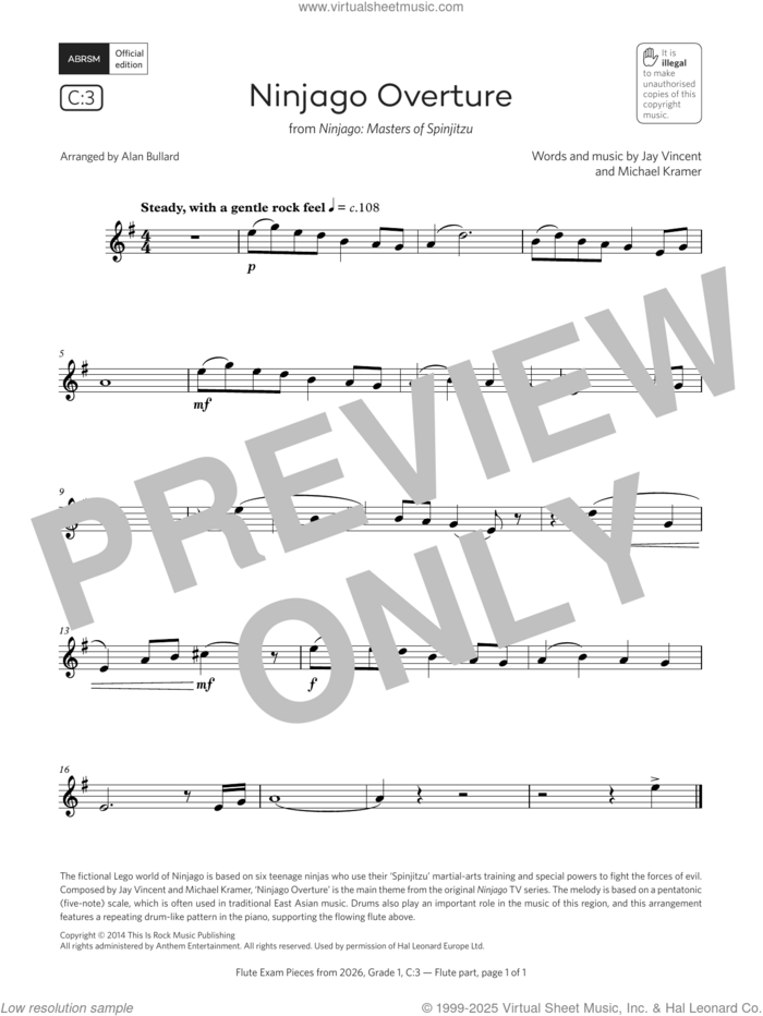 Ninjago Overture (Grade 1, list C3, from the ABRSM Flute Syllabus from 2026) sheet music for flute solo by Jay Vincent, Alan Bullard and Michael Kramer, classical score, intermediate skill level