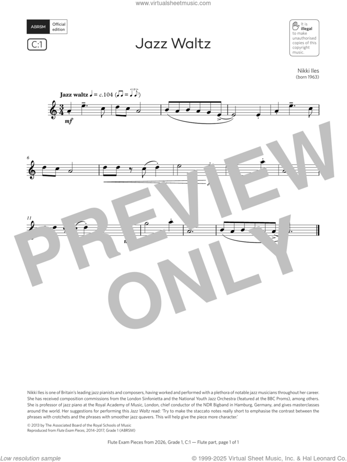Jazz Waltz (Grade 1, list C1, from the ABRSM Flute Syllabus from 2026) sheet music for flute solo by Nikki Iles, classical score, intermediate skill level