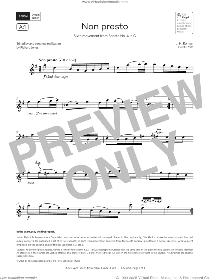 Non presto (Grade 3, list A1, from the ABRSM Flute Syllabus from 2026) sheet music for flute solo by Johan Helmich Roman, classical score, intermediate skill level
