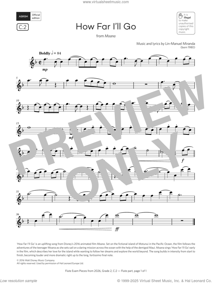 How Far I'll Go (Grade 2, list C2, from the ABRSM Flute Syllabus from 2026) sheet music for flute solo by Lin-Manuel Miranda, classical score, intermediate skill level