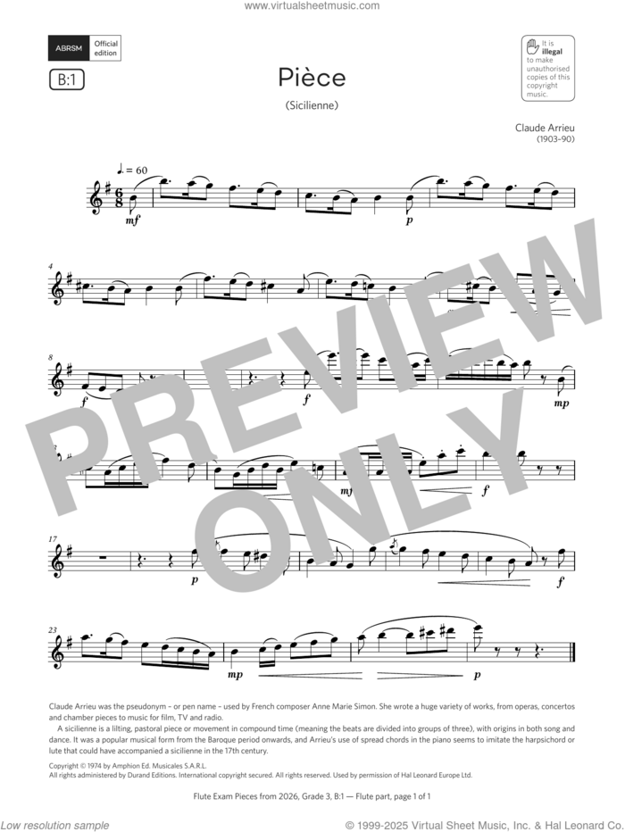 Piece (Grade 3, list B1, from the ABRSM Flute Syllabus from 2026) sheet music for flute solo by Claude Arrieu, classical score, intermediate skill level
