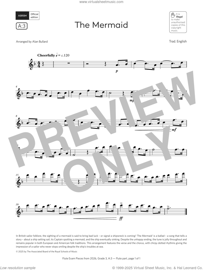The Mermaid (Grade 3, list A3, from the ABRSM Flute Syllabus from 2026) sheet music for flute solo by Trad. English and Alan Bullard, classical score, intermediate skill level