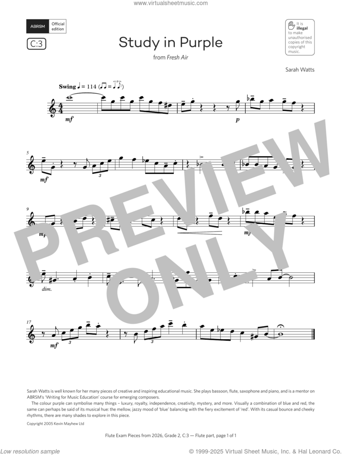 Study in Purple (Grade 2, list C3, from the ABRSM Flute Syllabus from 2026) sheet music for flute solo by Sarah Watts, classical score, intermediate skill level