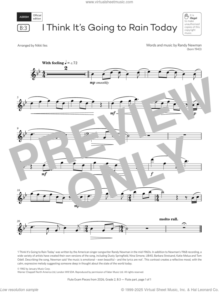 I Think It's Going to Rain Today (Grade 2, list B3, from the ABRSM Flute Syllabus from 2026) sheet music for flute solo by Randy Newman and Nikki Iles, classical score, intermediate skill level