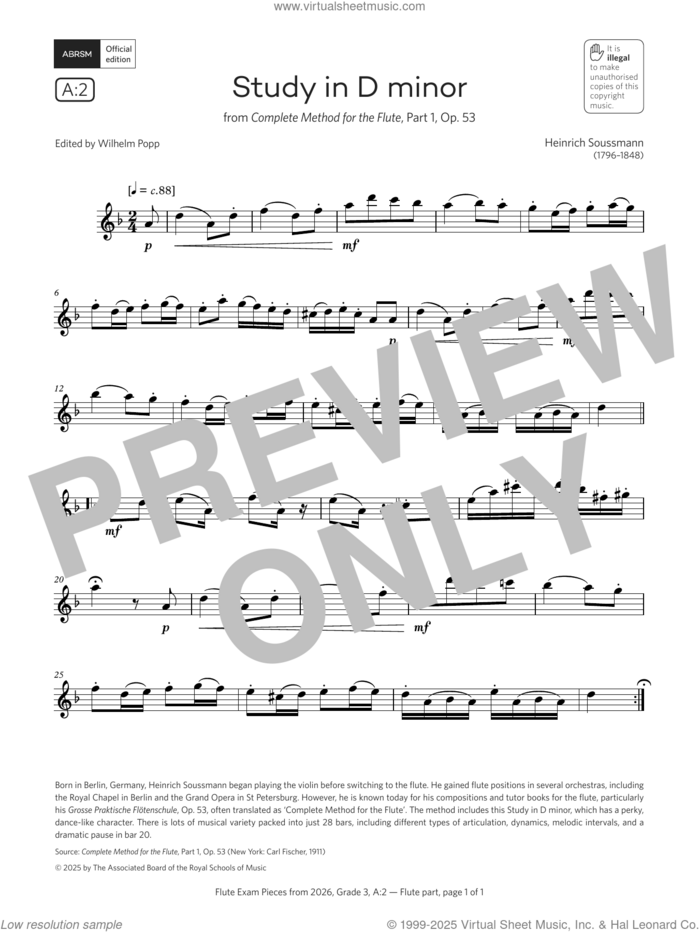 Study in D minor (Grade 3, list A2, from the ABRSM Flute Syllabus from 2026) sheet music for flute solo by Heinrich Soussmann, classical score, intermediate skill level