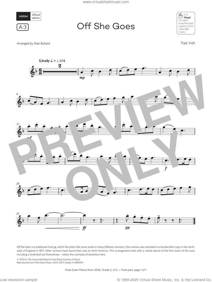 Off She Goes (Grade 2, list A3, from the ABRSM Flute Syllabus from 2026) sheet music for flute solo by Trad. Irish and Alan Bullard, classical score, intermediate skill level