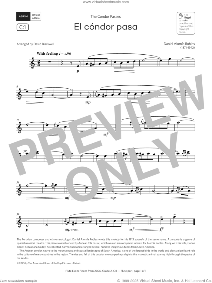 El condor pasa (Grade 2, list C1, from the ABRSM Flute Syllabus from 2026) sheet music for flute solo by Daniel Alomía Robles and David Blackwell, classical score, intermediate skill level