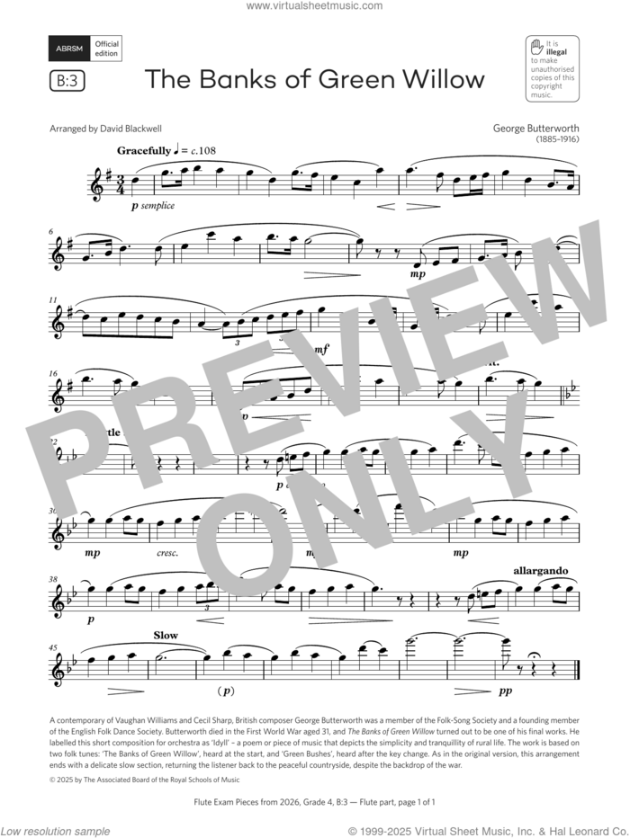 The Banks of Green Willow (Grade 4, list B3, from the ABRSM Flute Syllabus from 2026) sheet music for flute solo by George Butterworth and David Blackwell, classical score, intermediate skill level