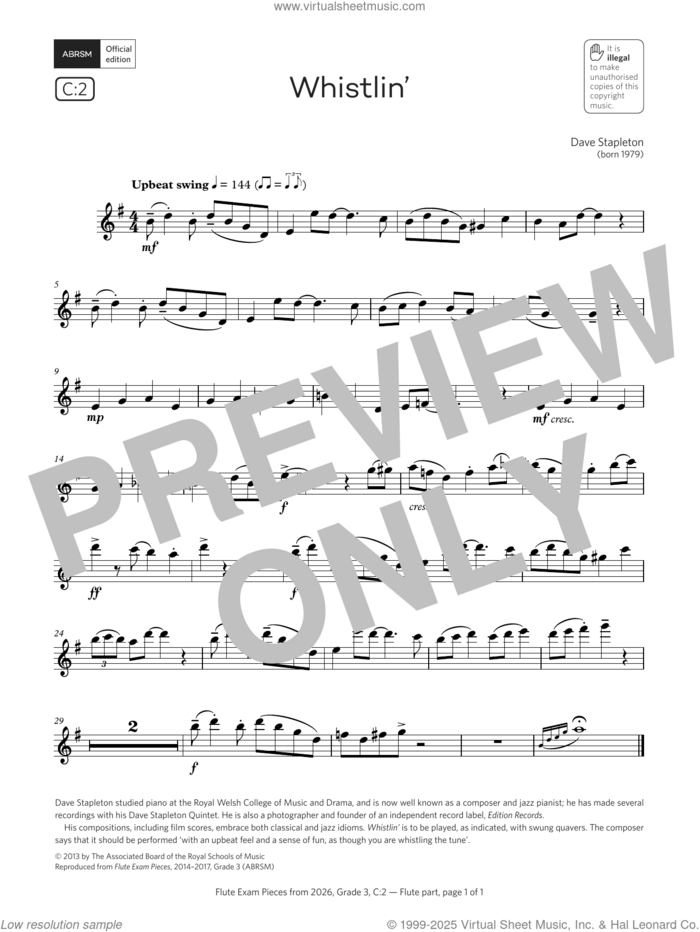 Whistlin' (Grade 3, list C2, from the ABRSM Flute Syllabus from 2026) sheet music for flute solo by Dave Stapleton, classical score, intermediate skill level