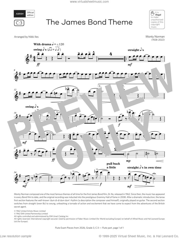 The James Bond Theme (Grade 3, list C3, from the ABRSM Flute Syllabus from 2026) sheet music for flute solo by Monty Norman and Nikki Iles, classical score, intermediate skill level