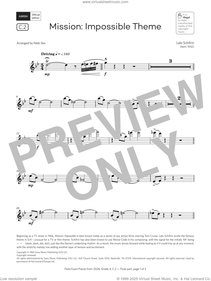 Mission: Impossible Theme (Grade 4, list C2, from the ABRSM Flute Syllabus from 2026) sheet music for flute solo by Lalo Schifrin and Nikki Iles, classical score, intermediate skill level