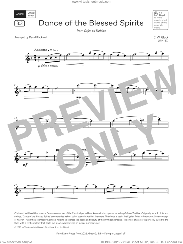 Dance of the Blessed Spirits (Grade 3, list B3, from the ABRSM Flute Syllabus from 2026) sheet music for flute solo by Christoph Gluck and David Blackwell, classical score, intermediate skill level