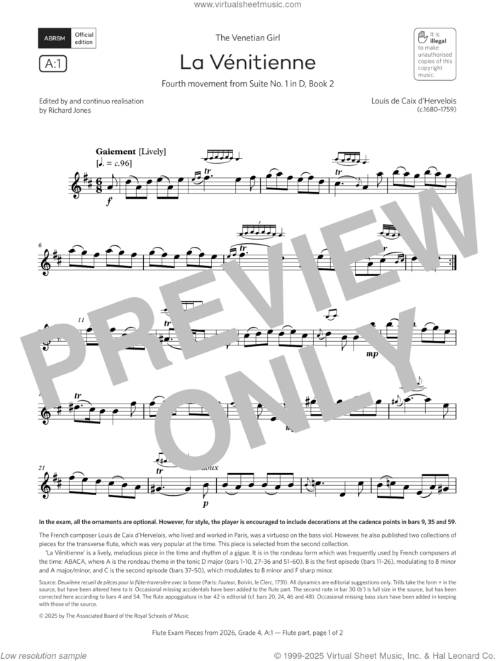 La Venitienne (Grade 4, list A1, from the ABRSM Flute Syllabus from 2026) sheet music for flute solo by Louis de Caix d'Hervelois, classical score, intermediate skill level