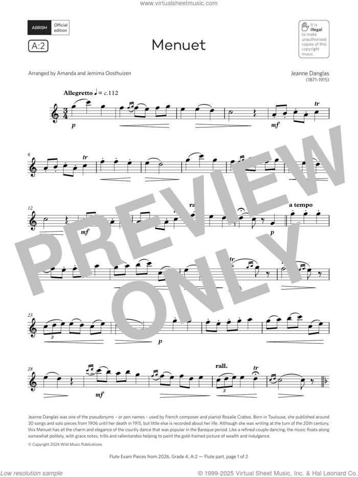 Menuet (Grade 4, list A2, from the ABRSM Flute Syllabus from 2026) sheet music for flute solo by Jeanne Danglas, Amanda Oosthuizen and Jemima Oosthuizen, classical score, intermediate skill level