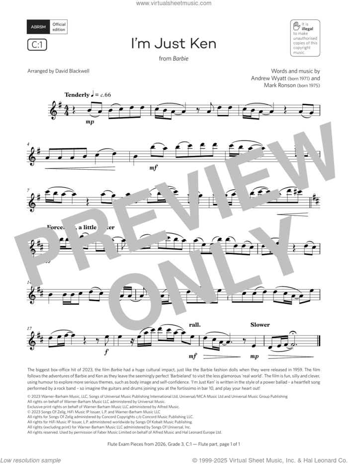 I'm Just Ken (Grade 3, list C1, from the ABRSM Flute Syllabus from 2026) sheet music for flute solo by Mark Ronson, David Blackwell and Andrew Wyatt, classical score, intermediate skill level