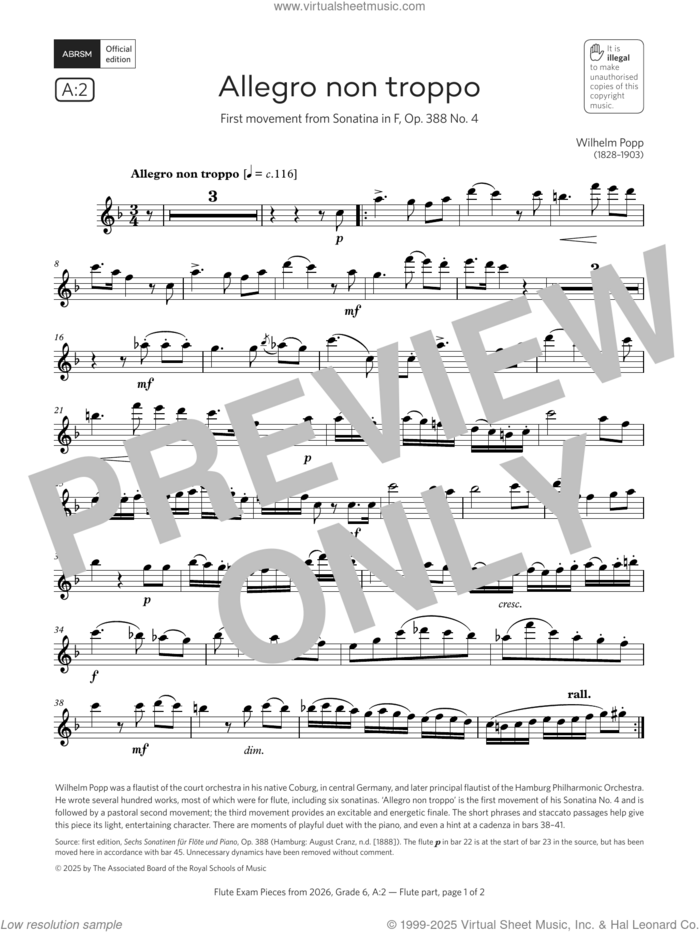 Allegro non troppo (Grade 6, list A2, from the ABRSM Flute Syllabus from 2026) sheet music for flute solo by William Popp, classical score, intermediate skill level