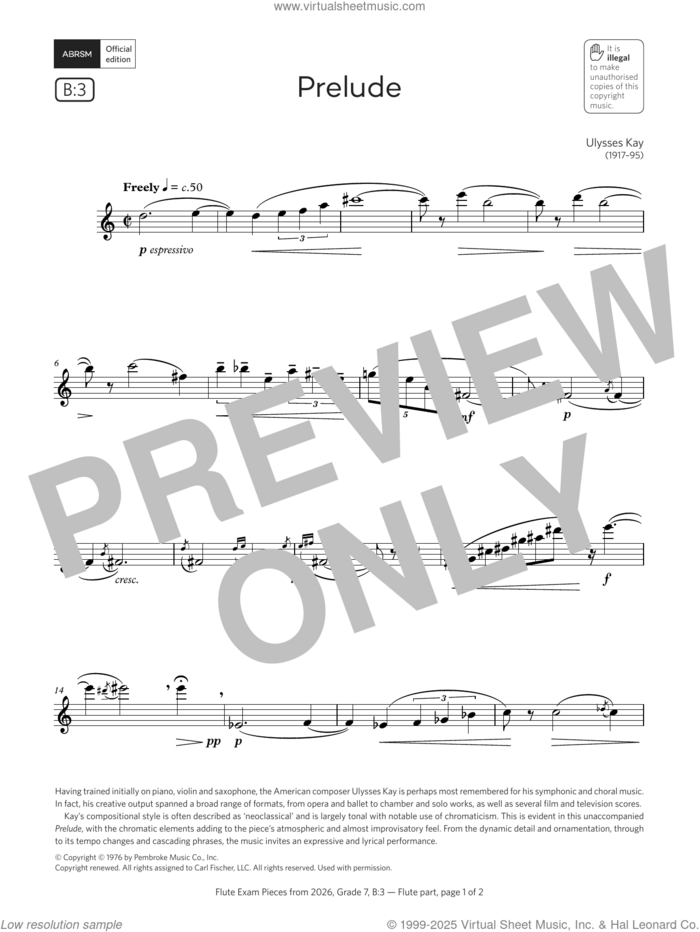 Prelude (Grade 7, list B3, from the ABRSM Flute Syllabus from 2026) sheet music for flute solo by Ulysses Kay, classical score, intermediate skill level