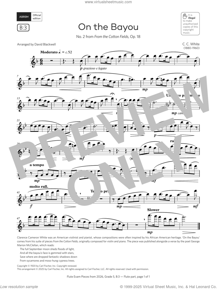 On the Bayou (Grade 5, list B3, from the ABRSM Flute Syllabus from 2026) sheet music for flute solo by Clarence Cameron White and David Blackwell, classical score, intermediate skill level