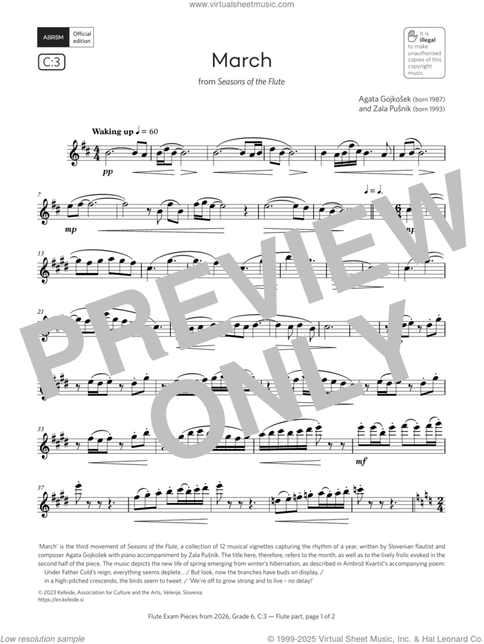 March (Grade 6, list C3, from the ABRSM Flute Syllabus from 2026) sheet music for flute solo by Agata Gojkošek and Zala Pusnik, classical score, intermediate skill level