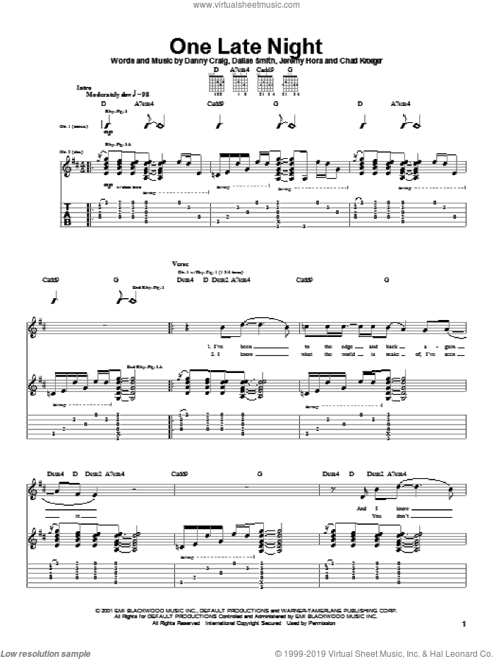 One Late Night sheet music for guitar (tablature) by Default, Chad Kroeger, Dallas Smith and Danny Craig, intermediate skill level