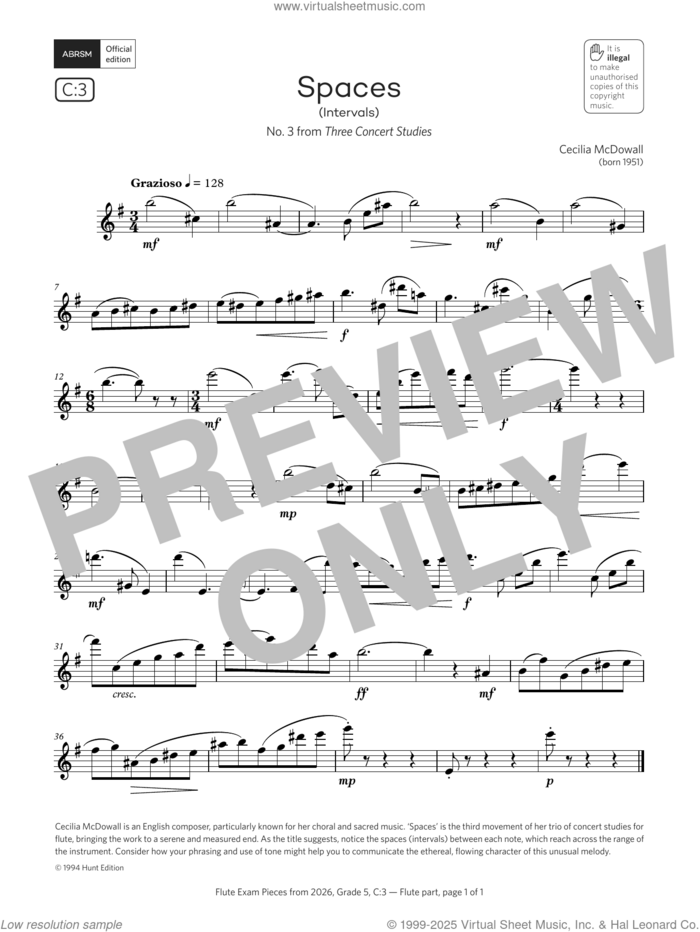 Spaces (Grade 5, list C3, from the ABRSM Flute Syllabus from 2026) sheet music for flute solo by Cecilia McDowall, classical score, intermediate skill level
