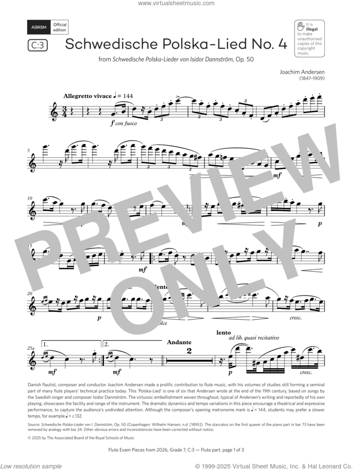 Schwedische Polska-Lied No. 4 (Grade 7, list C3, from the ABRSM Flute Syllabus from 2026) sheet music for flute solo by Joachim Andersen, classical score, intermediate skill level