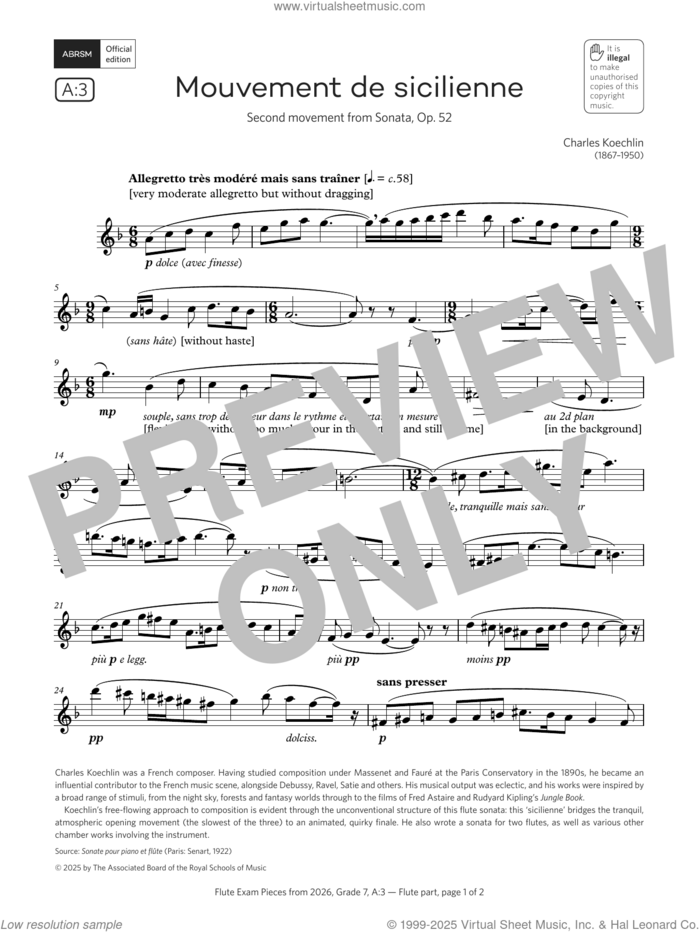 Mouvement de sicilienne (Grade 7, list A3, from the ABRSM Flute Syllabus from 2026) sheet music for flute solo by Charles Koechlin, classical score, intermediate skill level
