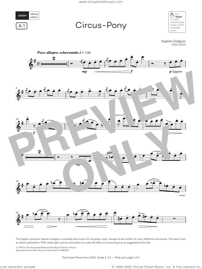 Circus-Pony (Grade 5, list A1, from the ABRSM Flute Syllabus from 2026) sheet music for flute solo by Stephen Dodgson, classical score, intermediate skill level