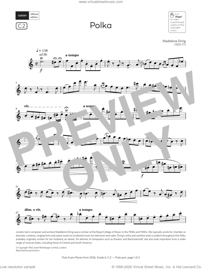 Polka (Grade 6, list C2, from the ABRSM Flute Syllabus from 2026) sheet music for flute solo by Madeleine Dring, classical score, intermediate skill level