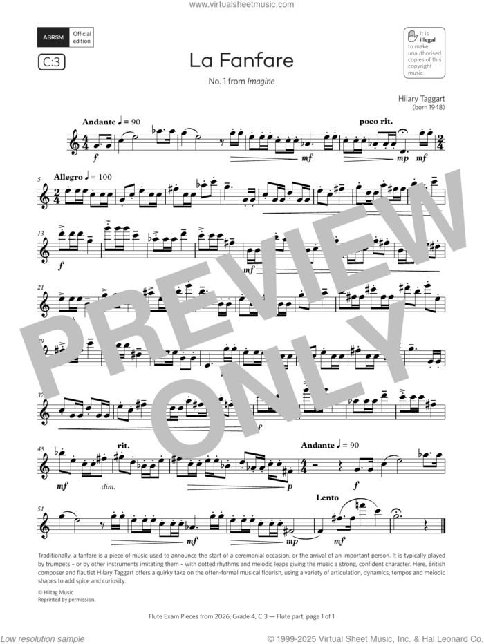 La Fanfare (Grade 4, list C3, from the ABRSM Flute Syllabus from 2026) sheet music for flute solo by Hilary Taggart, classical score, intermediate skill level