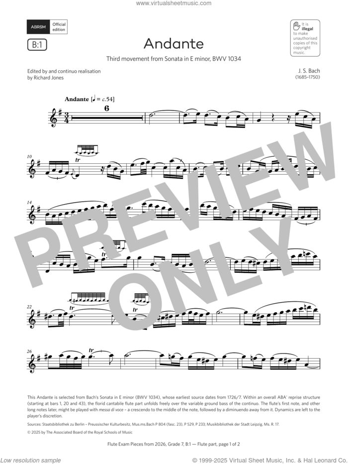 Andante (Grade 7, list B1, from the ABRSM Flute Syllabus from 2026) sheet music for flute solo by Johann Sebastian Bach, classical score, intermediate skill level