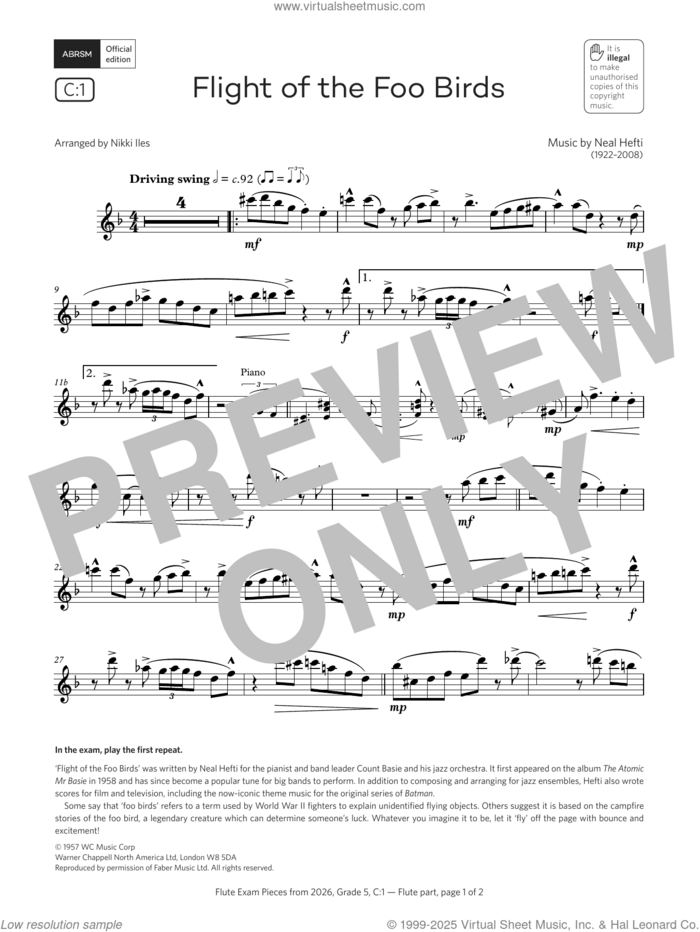 Flight of the Foo Birds (Grade 5, list C1, from the ABRSM Flute Syllabus from 2026) sheet music for flute solo by Neal Hefti and Nikki Iles, classical score, intermediate skill level