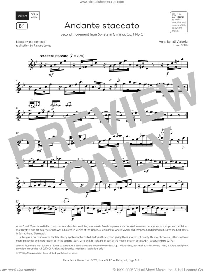 Andante staccato (Grade 5, list B1, from the ABRSM Flute Syllabus from 2026) sheet music for flute solo by Anna Bon di Venezia, classical score, intermediate skill level