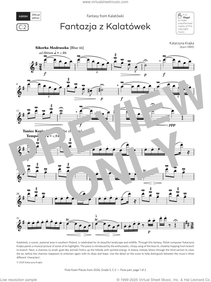 Fantazja z Kalatowek (Grade 5, list C2, from the ABRSM Flute Syllabus from 2026) sheet music for flute solo by Katarzyna Krajka, classical score, intermediate skill level