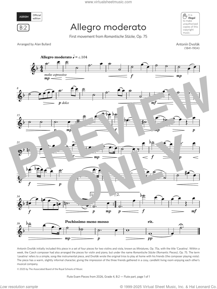 Allegro moderato (Grade 4, list B2, from the ABRSM Flute Syllabus from 2026) sheet music for flute solo by Antonín Dvorák and Alan Bullard, classical score, intermediate skill level