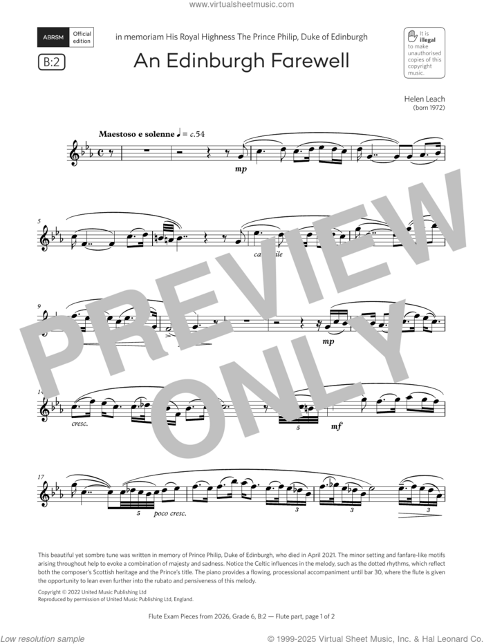 An Edinburgh Farewell (Grade 6, list B2, from the ABRSM Flute Syllabus from 2026) sheet music for flute solo by Helen Leach, classical score, intermediate skill level
