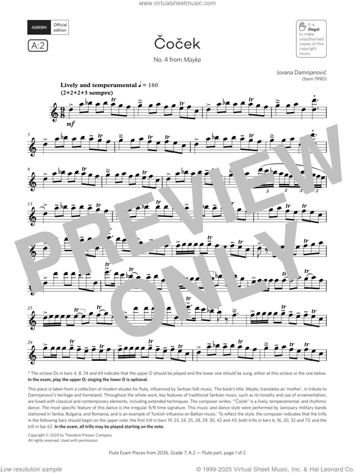 Čocek (Grade 7, list A2, from the ABRSM Flute Syllabus from 2026) sheet music for flute solo by Jovana Damnjanovic, classical score, intermediate skill level
