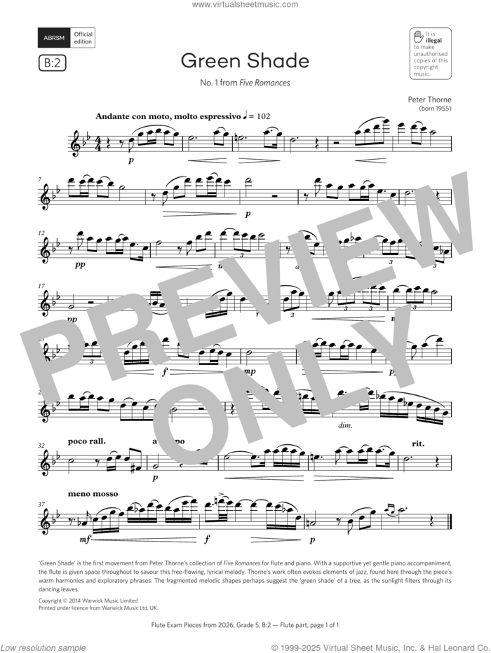 Green Shade (Grade 5, list B2, from the ABRSM Flute Syllabus from 2026) sheet music for flute solo by Peter Thorne, classical score, intermediate skill level