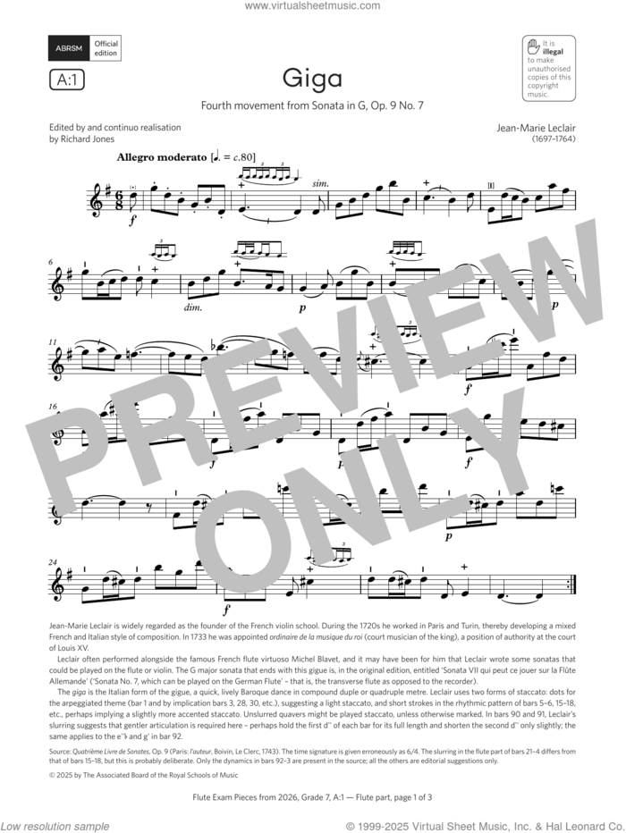 Giga (Grade 7, list A1, from the ABRSM Flute Syllabus from 2026) sheet music for flute solo by Jean-Marie LeClair, classical score, intermediate skill level