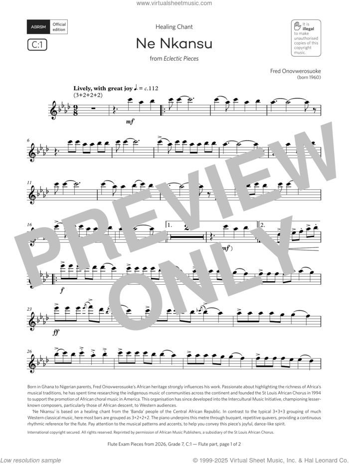 Ne Nkansu (Grade 7, list C1, from the ABRSM Flute Syllabus from 2026) sheet music for flute solo by Fred Onovwerosuoke, classical score, intermediate skill level