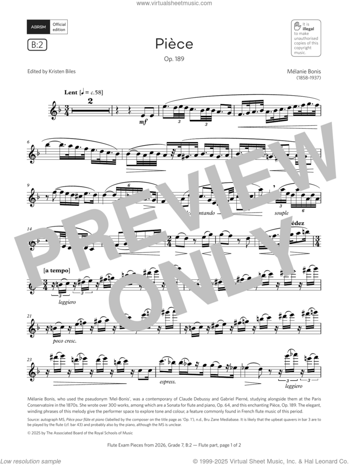 Piece (Grade 7, list B2, from the ABRSM Flute Syllabus from 2026) sheet music for flute solo by Mélanie Helene Bonis, classical score, intermediate skill level