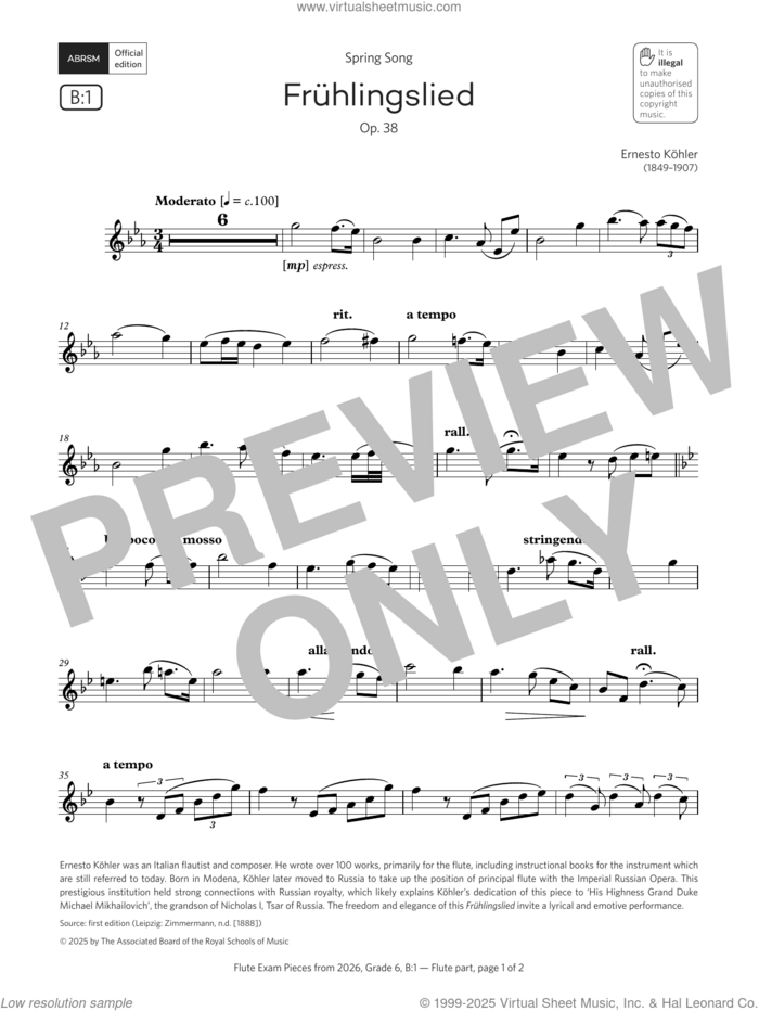 Fruhlingslied (Grade 6, list B1, from the ABRSM Flute Syllabus from 2026) sheet music for flute solo by Ernesto Köhler, classical score, intermediate skill level