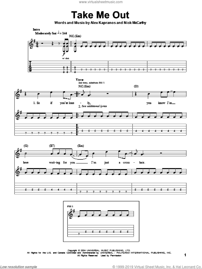 Take Me Out sheet music for guitar (tablature, play-along) by Franz Ferdinand, Alex Kapranos and Nicholas McCarthy, intermediate skill level