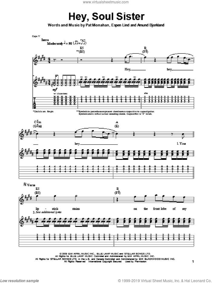Hey, Soul Sister sheet music for guitar (tablature, play-along) by Train, Amund Bjorklund, Espen Lind and Pat Monahan, intermediate skill level