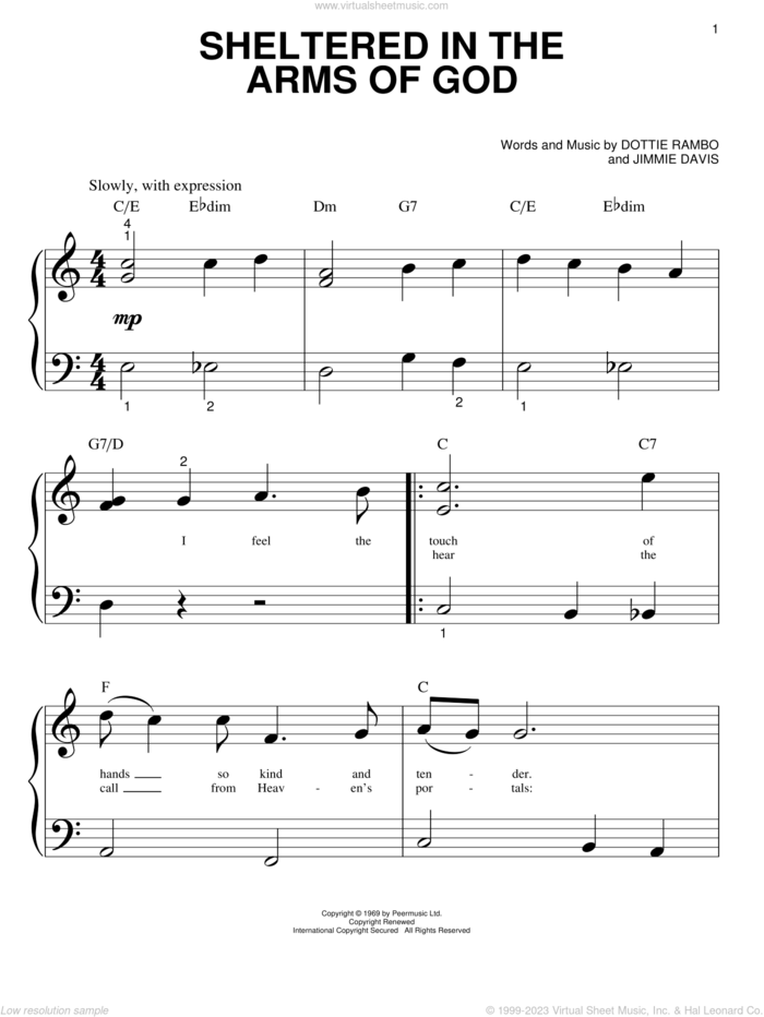 Sheltered In The Arms Of God sheet music for piano solo (big note book) by Dottie Rambo and Jimmie Davis, easy piano (big note book)