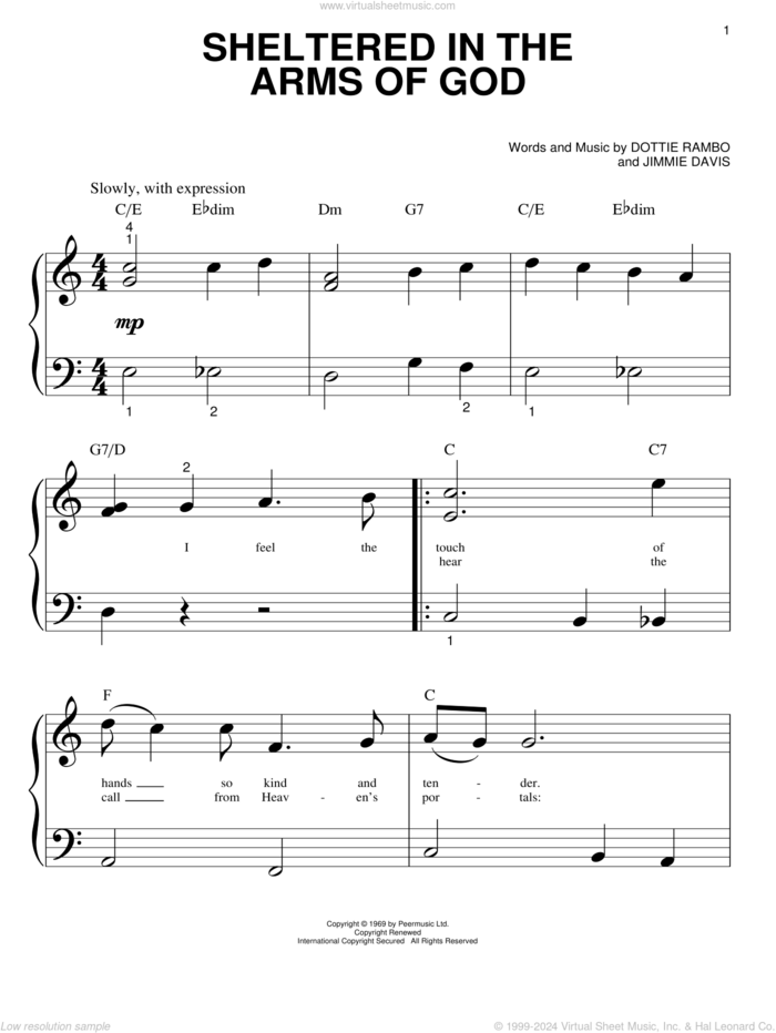 Sheltered In The Arms Of God sheet music for piano solo (big note book) by Dottie Rambo and Jimmie Davis, easy piano (big note book)