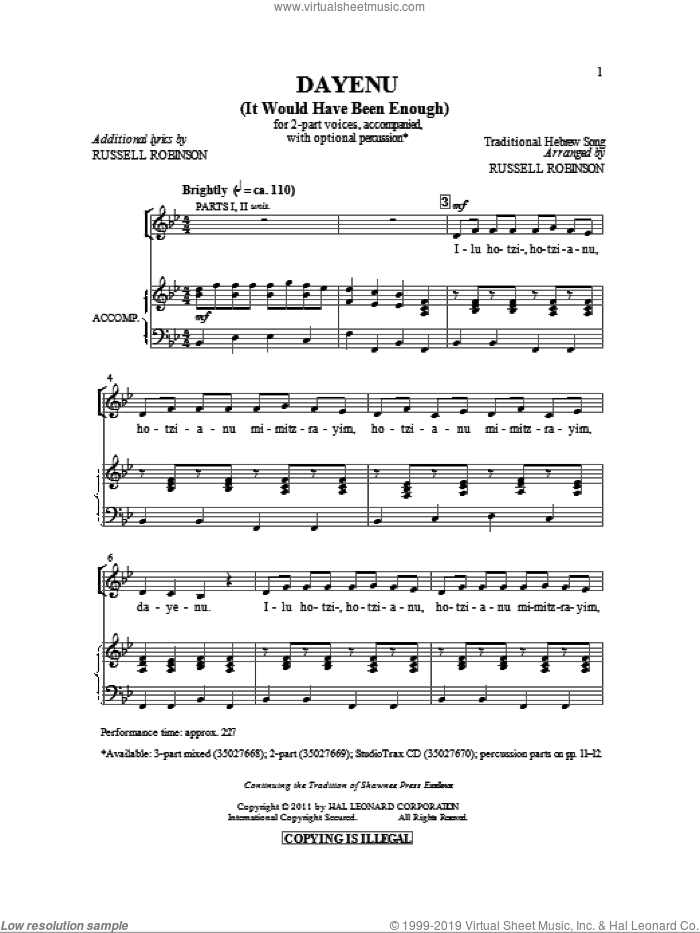 Dayeinu (arr. Russell Robinson) sheet music for choir (2-Part) by Russell Robinson and Miscellaneous, intermediate duet